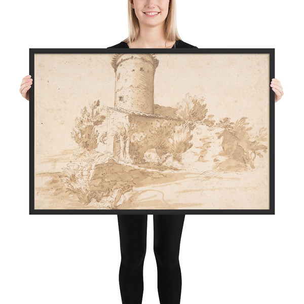 Landscape with Cylindrical Tower - Anonymous, Italian, Roman-Bolognese, 17th century - 17th century - Matte Paper Framed Poster Museum quality 7746000