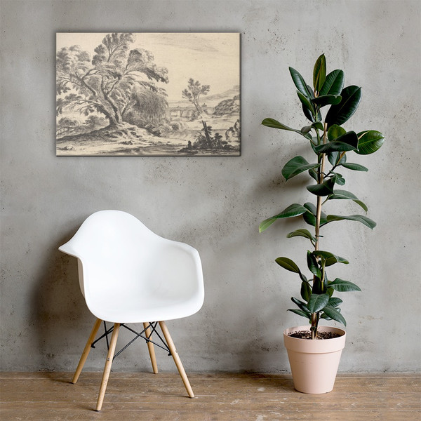 Plate 6: a fisherman carrying a net to left, two horsemen in a stream to right, a tree in center, a castle in ruins to right in the background, from 'Various landscapes' (Divers paysages) - Stefano de