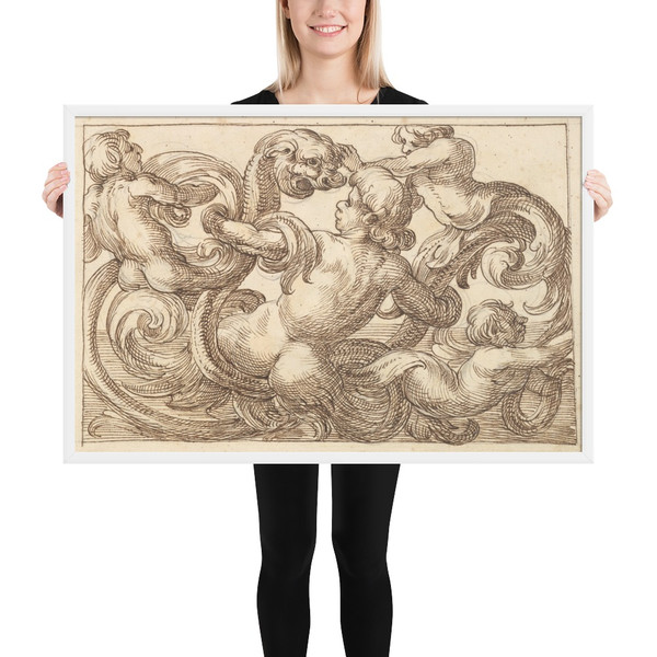 Horizontal Panel Design with Four Hybrid Male Figures and a Fantastical Creature Interspersed between Acanthus Rinceaux - Anonymous, Italian, Venetian, 17th century - 17th century (first half) - Photo Paper Framed Poster Museum quality 7705467