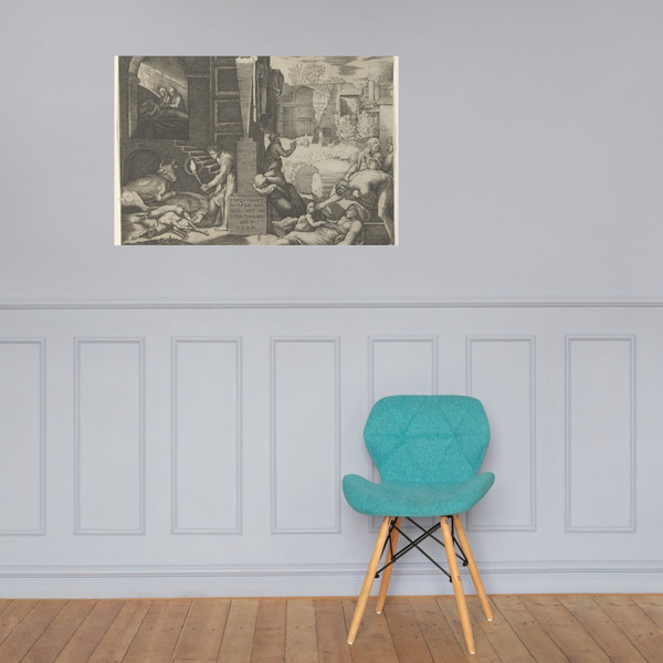 A plague scene at right, a man at left holding a torch illuminating part of the scene at left, ill people at the right - Marcantonio Raimondi - ca. 1515–16 - Photo Paper Poster Museum quality 7742633