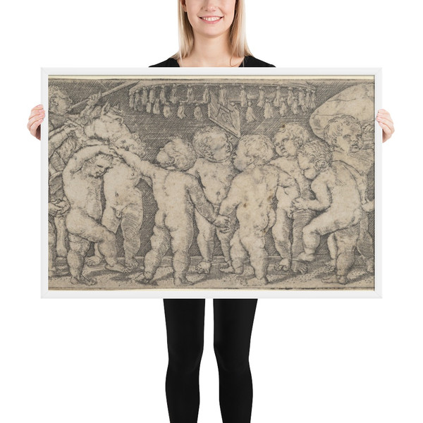 Nude Children Dancing Under a Canopy, with Two Horses on the Left and a Banner on the Right - Heinrich Aldegrever - ca. 1532–33 - Matte Paper Framed Poster Museum quality 7737824