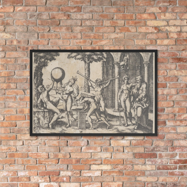 A man with two trumpets in the centre flanked by other figures including an old and a young man at right - Marcantonio Raimondi - ca. 1510–27 - Photo Paper Framed Poster Museum quality 7742669