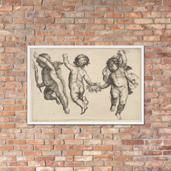 Two cherubs dancing with a small boy, not by Hollar - Wenceslaus Hollar - 1640–52 - Matte Paper Framed Poster Museum quality 7738956