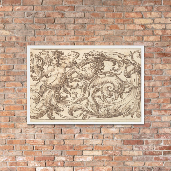 Horizontal Panel Design with a Young Man and a (male) Sphinx Interspersed between Acanthus Rinceaux - Anonymous, Italian, Venetian, 17th century - 17th century (first half) - Photo Paper Framed Poster Museum quality 7705481