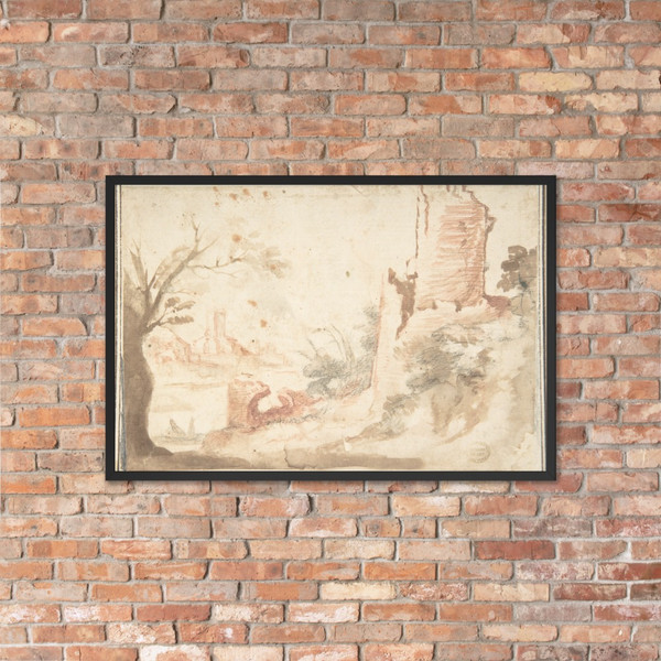 Landscape with Ruined Tower - Anonymous, Italian, Roman-Bolognese, 17th century - 17th century - Photo Paper Framed Poster Museum quality 7745986