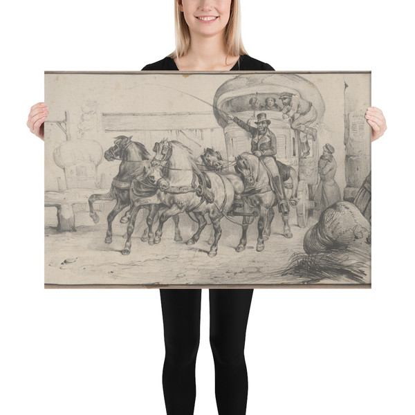 Five horses pulling a carriage with passengers - Victor Adam - mid–19th century - Canvas Museum quality 7724652