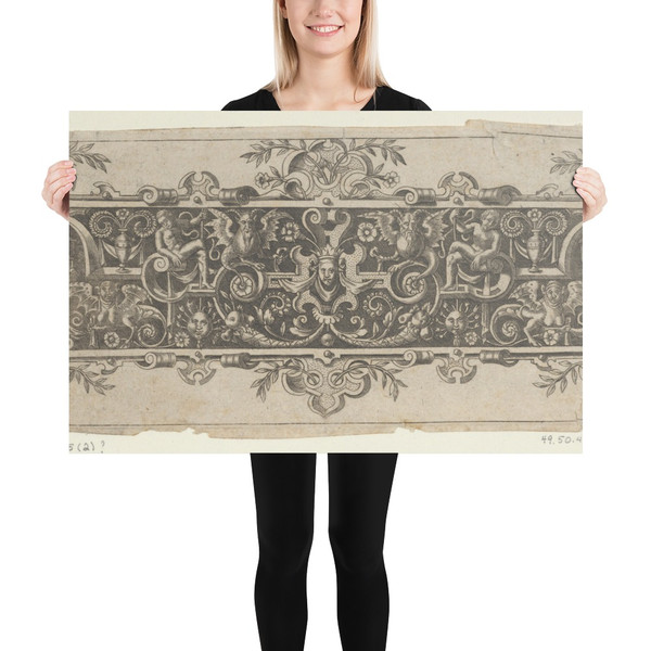 Frieze with Grotesques and a Mask Wearing a Whimple and Crown at Center - Theodor de Bry - 1589 - Photo Paper Poster Museum quality 7737971