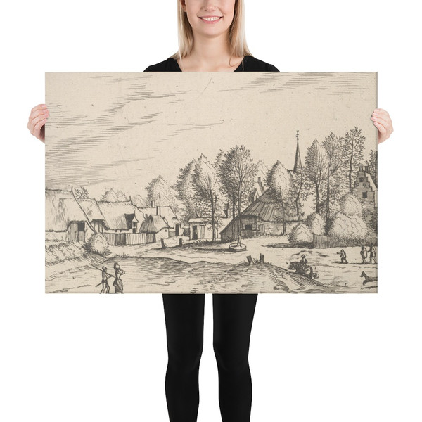 Country Village with Church Tower from Multifariarum casularum ruriumque lineamenta curiose ad vivum expressa - Johannes van Doetecum I - 1559–61 - Canvas Museum quality 7705266