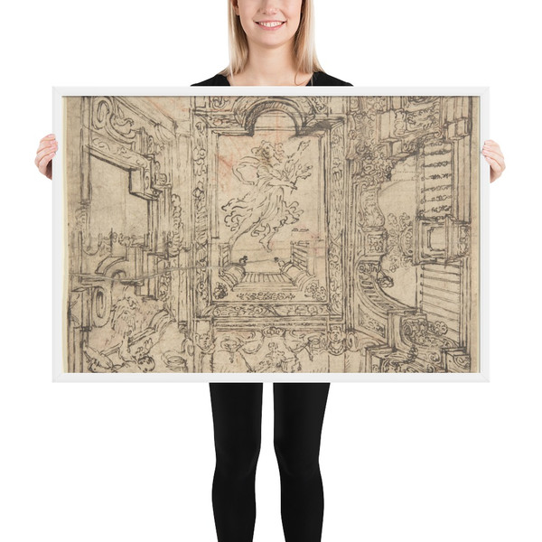 Design for a Painted Ceiling: Perspective Architectural with a Figure at the Center - Anonymous, Italian, Piedmontese, 18th century - 1700–1780 - Matte Paper Framed Poster Museum quality 7745495