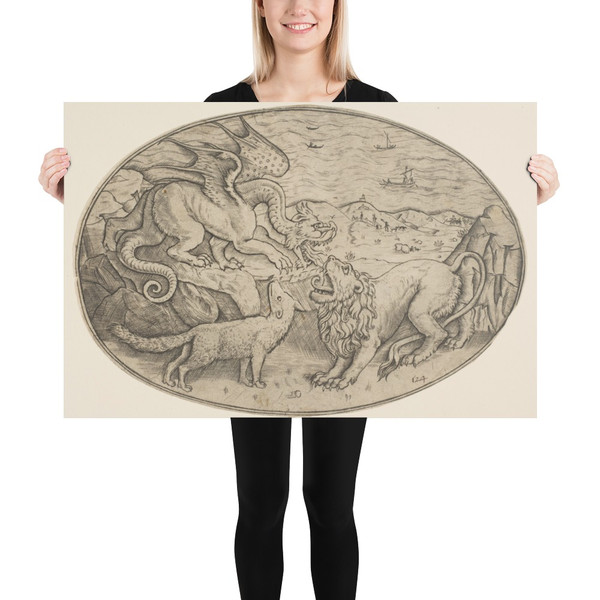 A lion, dragon and fox fighting each other, boats on the sea in the background, an oval composition - Anonymous, Italian, 16th to early 17th century - ca. 1515–1600 - Paper Poster Museum quality 7745684