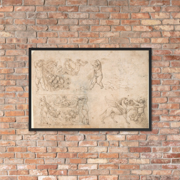 Studies after Antique Frieze Figures, Including Putti with Garlands, with a Chimera and Dolphins (recto); Sketch of a Head (verso) - Anonymous, Italian, Tuscan, late 15th century - ca. 1490 - Matte Paper Framed Poster Museum quality 7741109