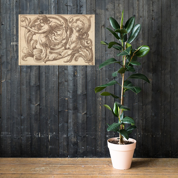 Horizontal Panel Design with a Male Figure, a Putto and a Snake Interspersed between Acanthus Rinceaux - Anonymous, Italian, Venetian, 17th century - 17th century (first half) - Paper Poster Museum quality 7723925