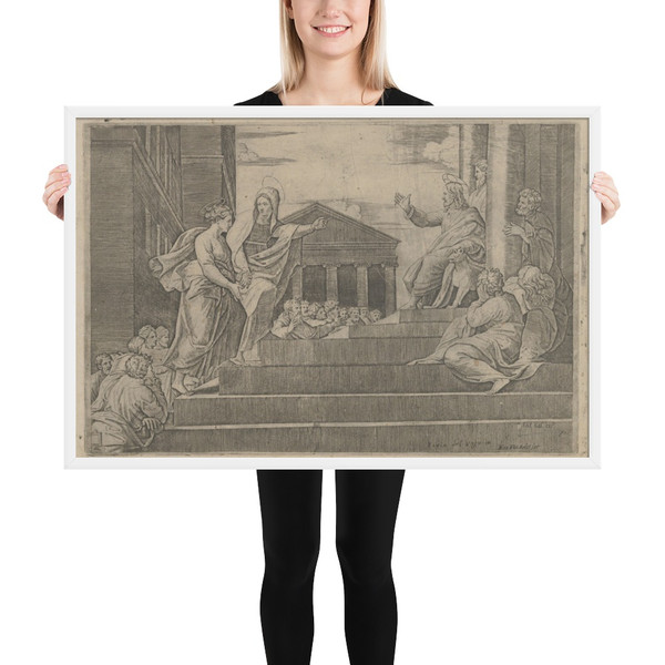 Martha leading Mary Magdalene up a flight of stairs to Christ who is seated at right at the entrance to a temple - Marcantonio Raimondi - ca. 1520–25 - Photo Paper Framed Poster Museum quality 7742716