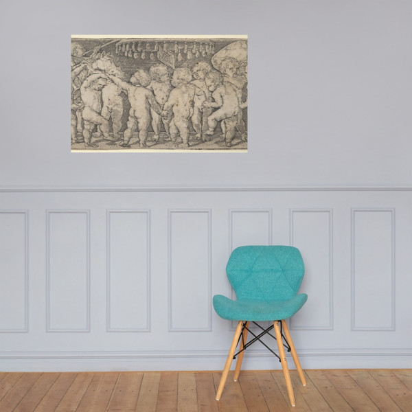 Nude Children Dancing Under a Canopy, with Two Horses on the Left and a Banner on the Right - Heinrich Aldegrever - ca. 1532–33 - Paper Poster Museum quality 7737815