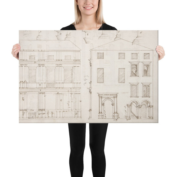 Villa Farnesina, Stables, half front elevation and end elevation (recto) Palazzo Salviati-Adimari, plan (verso) - Anonymous, French, 16th century - early to mid-16th century - Canvas Museum quality 7740872
