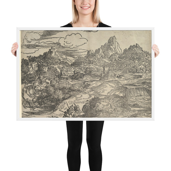 Landscape with family walking together in the foreground, at left two figures with herd of goats and sheep; a mill (?) and other buildings in the background - Domenico Campagnola - ca. 1535–40 - Matte Paper Framed Poster Museum quality 7740152