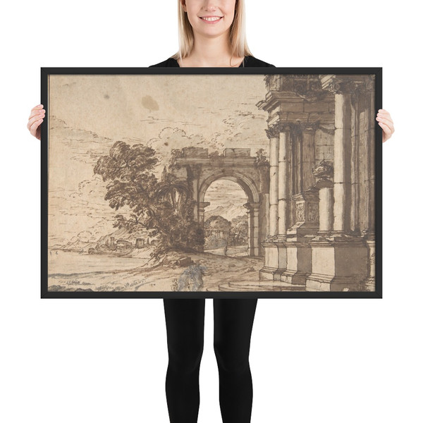 Landscape with Classical Architecture by a Lake - Anonymous, French, 17th century - 17th century - Photo Paper Framed Poster Museum quality 7746312