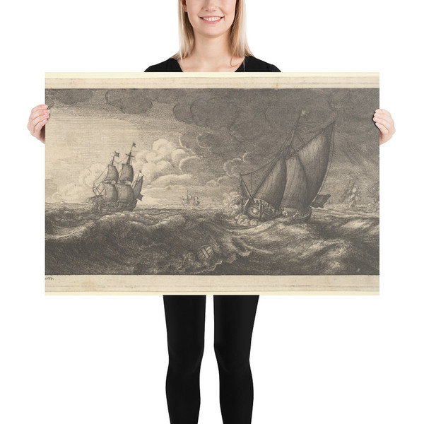 A yacht and three warships in a storm - Wenceslaus Hollar - 1665 - Photo Paper Poster Museum quality 7739323