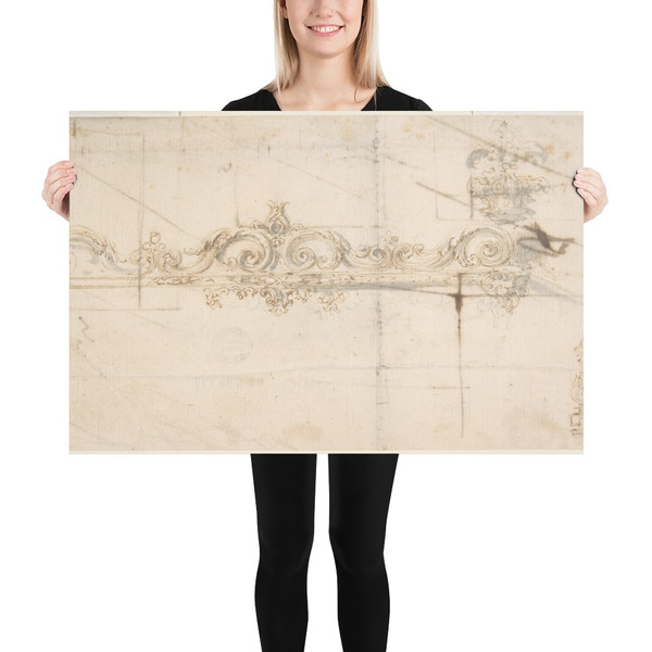 Design for the Crowning Decorations of a Gate (recto); Sketches of Stone Blocks with Measurements (verso) - Giovanni Battista Foggini - 1652–1725 - Photo Paper Poster Museum quality 7741364