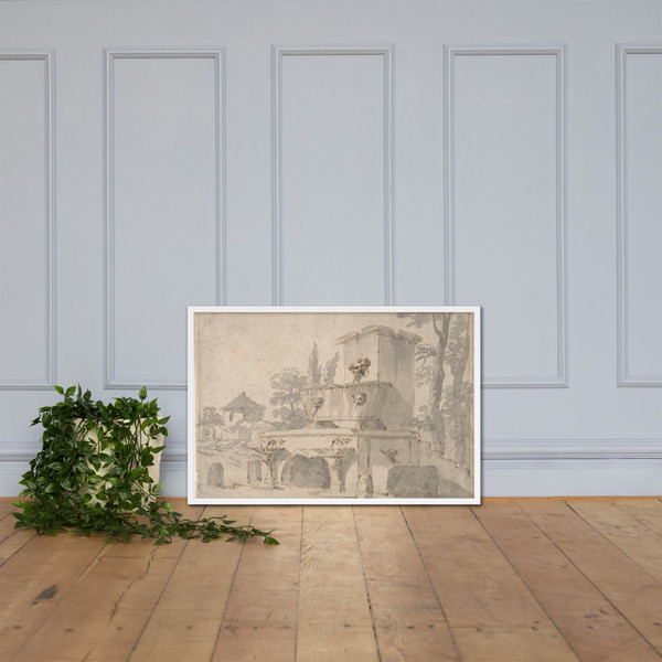 Venetian Capriccio: Landscape with a Farm Building, Sarcophagus, and Fountain (recto);  Monument (verso) - Giuseppe Bernardino Bison - n.d. - Matte Paper Framed Poster Museum quality 7747894