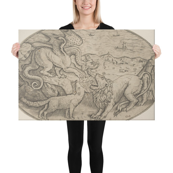 A lion, dragon and fox fighting each other, boats on the sea in the background, an oval composition - Anonymous, Italian, 16th to early 17th century - ca. 1515–1600 - Canvas Museum quality 7745700