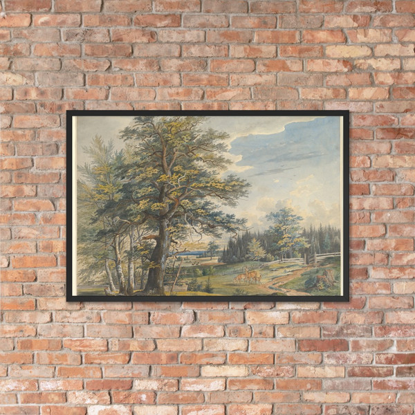 Wooded Landscape with Stag - Carl August Lebschee - 1800–1877 - Photo Paper Framed Poster Museum quality 7739991