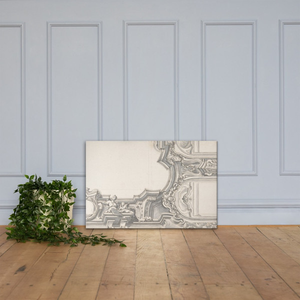 Design for an Elaborate Cornice with a Cartouche and Figures Supporting a Ceiling, with Two Arched Openings. - Anonymous, Italian, Piedmontese, 18th century - 1700–1780 - Canvas Museum quality 7744869