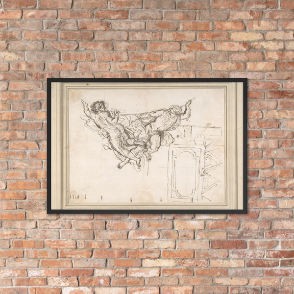Study for Nude Male Figures Supporting a Frame and Plan of the Ceiling Decoration of Palazzo Altieri, Rome - Carlo Maratti - 1625–1713 - Photo Paper Framed Poster Museum quality 7744780