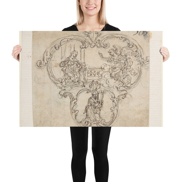 Design for a Cartouche with an Annunication above and a Kneeling Figure with Staff Below. - Giovanni Battista Foggini - 1652–1725 - Photo Paper Poster Museum quality 7741287