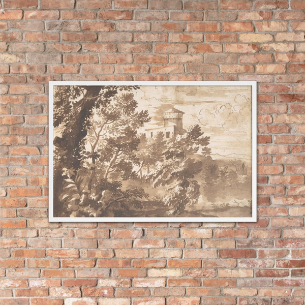 Wooded Landscape with a Tower - Anonymous, French, 17th century - 17th century - Photo Paper Framed Poster Museum quality 7746306