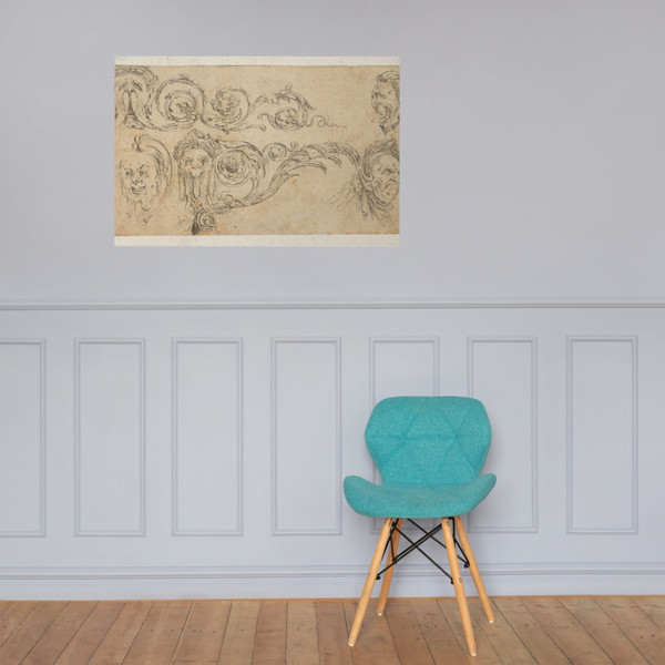 Plate 4: five grotesque heads, from 'Friezes, foliage, and grotesques' (Frises, feuillages et grotesques) - Stefano della Bella - ca. 1642–43 - Paper Poster Museum quality 7794793