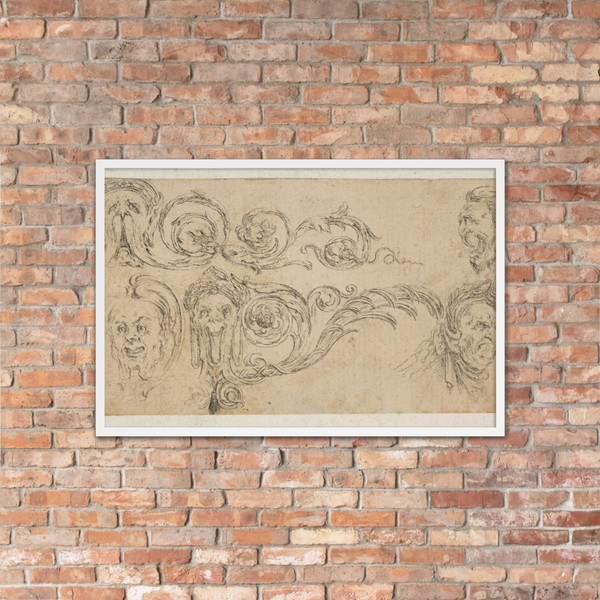 Plate 4: five grotesque heads, from 'Friezes, foliage, and grotesques' (Frises, feuillages et grotesques) - Stefano della Bella - ca. 1642–43 - Matte Paper Framed Poster Museum quality 7794803