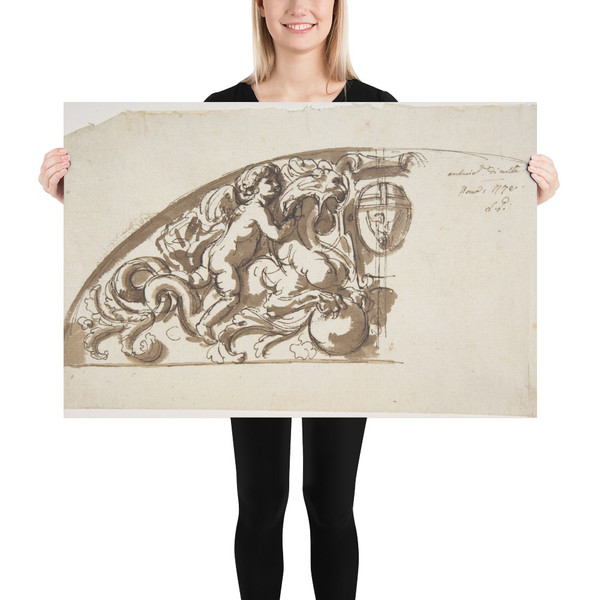 Half Lunette with Putto and Monster - Etienne de Lavallée-Poussin - 18th century - Paper Poster Museum quality 7798303