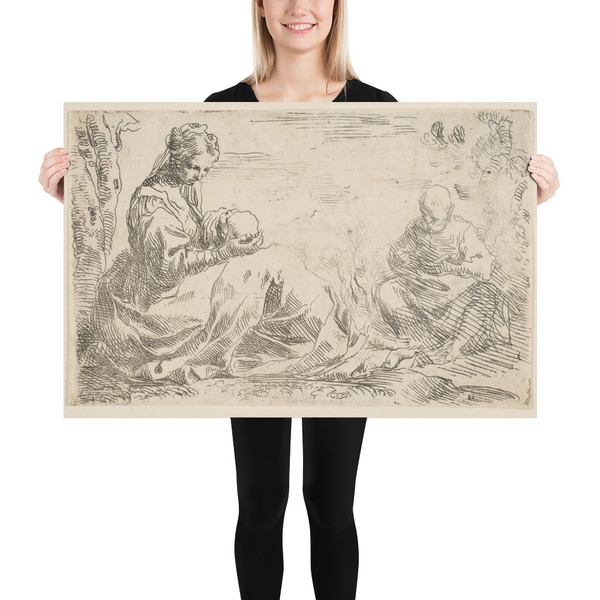 Rest on the flight into Egypt, Mary holding and looking at the infant Christ while St. Joseph reads - Simone Cantarini - ca. 1637 - Photo Paper Poster Museum quality 7795360