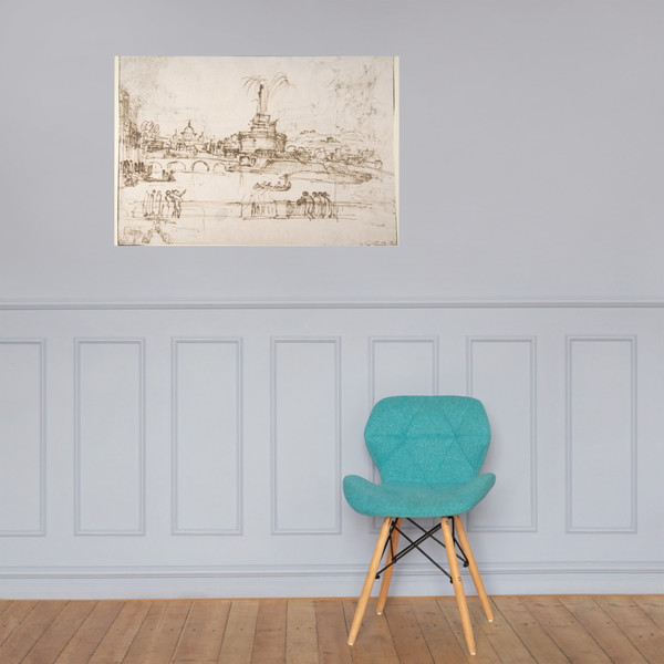 Figures Watching a Display of Fireworks at Castel Sant'Angelo, Rome (recto); A Distant View of the Fireworks Seen from a Villa Garden (verso) - Giovanni Francesco Grimaldi - 1606–80 - Paper Poster Museum quality 7795593