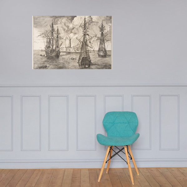 Four-master and Two Three-masters Anchored near a Fortified Island from The Sailing Vessels - Pieter Bruegel the Elder - 1561–65 - Paper Poster Museum quality 7796196