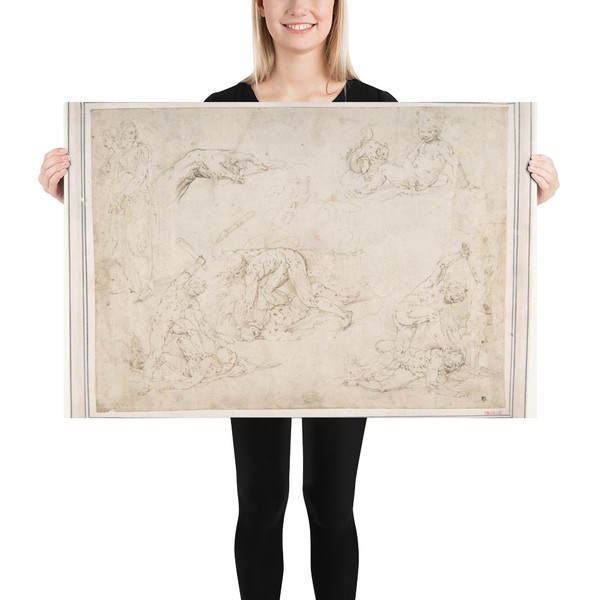 Figure Studies: Three Sketches of Cain Killing Abel, with an Altar of Sacrifice at Center, Two Standing Women, a Hand, and a Seated Child with a Squirrel - Battista Franco - 1510–61 - Photo Paper Poster Museum quality 7796056