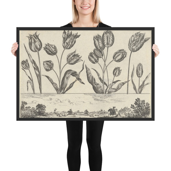 Horizontal Panel with a Row of Flowers Above a Frieze with a Hunting Scene in a Landscape, from Livre Nouveau de Fleurs Tres-Util - Nicolas Cochin - 1645 - Matte Paper Framed Poster Museum quality 7794527