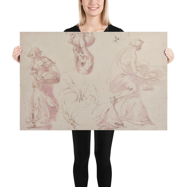 Figure Studies: Woman Carrying a Basket; Woman Carrying a Vase, and Woman Seated at a Table - Francesco Curia - 1565–1608 - Paper Poster Museum quality 7796402
