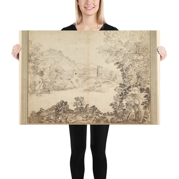 Landscape with a Bridge and Two Figures - Giovanni Francesco Grimaldi - 1606–80 - Paper Poster Museum quality 7795792