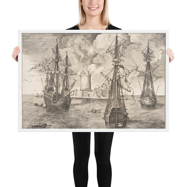 Four-master and Two Three-masters Anchored near a Fortified Island from The Sailing Vessels - Pieter Bruegel the Elder - 1561–65 - Matte Paper Framed Poster Museum quality 7796207