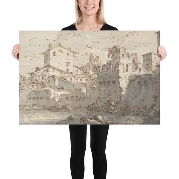 Houses by a River - Anonymous, Italian, Venetian, 18th century - 1703–66 - Canvas Museum quality 7797648