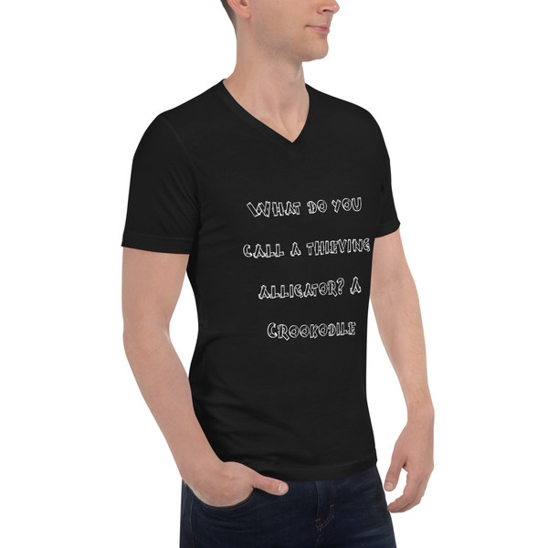 What do you call a thieving alligator? A Crookodile - Unisex Short Sleeve V-Neck Jersey Tee Funny quotes 7829250