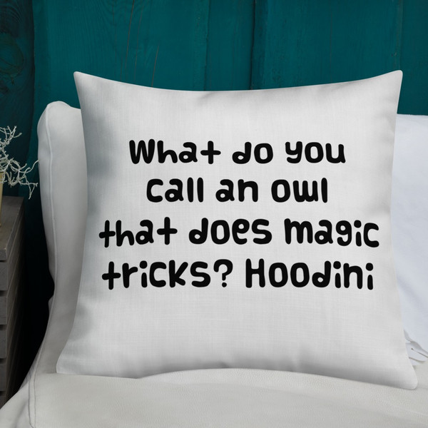 What do you call an owl that does magic tricks? Hoodini - Premium Pillow Funny quotes 7828168