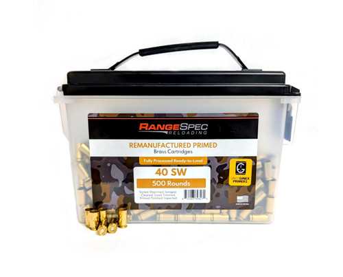 RangeSpec Reloading - .40 S&W Primed Reman Brass - 500PCS w/ Free Ammo Can