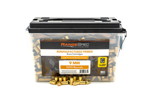 RangeSpec Reloading - 9MM Primed Reman Brass - 1,000PCS w/ Free Ammo Can