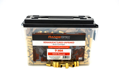 RangeSpec Reloading - 9MM UnPrimed Processed Brass - 1,000PCS w/ Free Ammo Can
