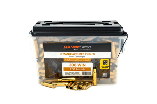 RangeSpec Reloading - .308 Win Primed Reman Brass - 250PCS w/ Free Ammo Can