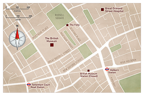 Map of London showing the location of the Folly