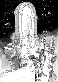Adventurers coming out of a gate